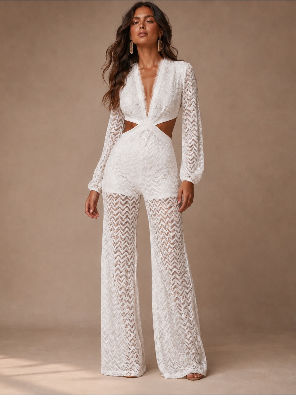 NWT White Lace Long-Sleeve Cutout Jumpsuit